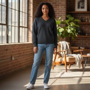 Lord & Taylor Charcoal V-Neck Lambs Wool Sweater